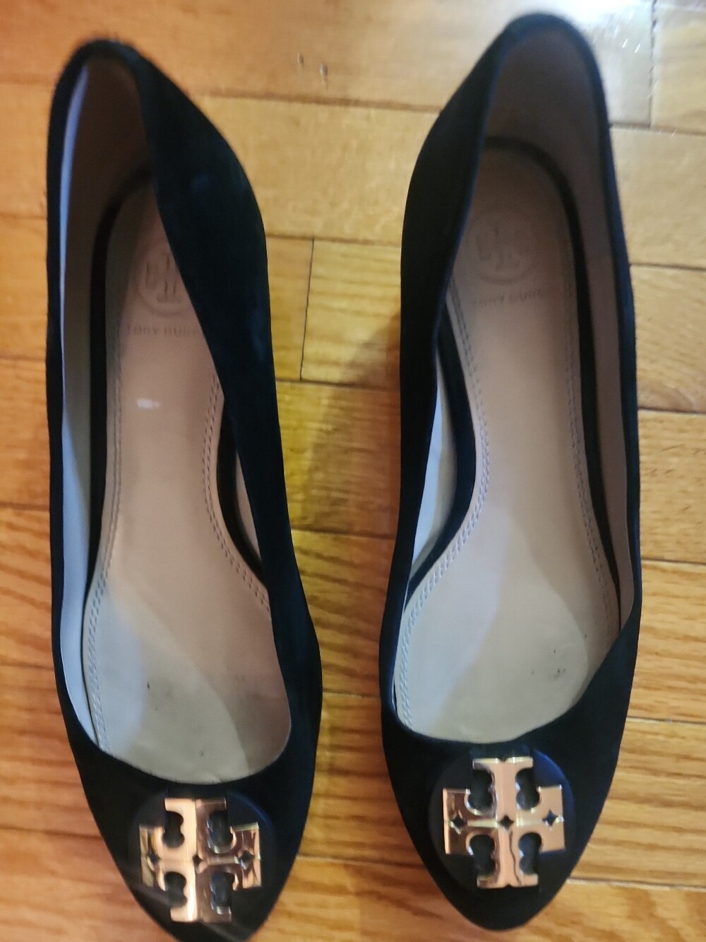 Tory Burch Black Suede Logo Low Wedge Shoes